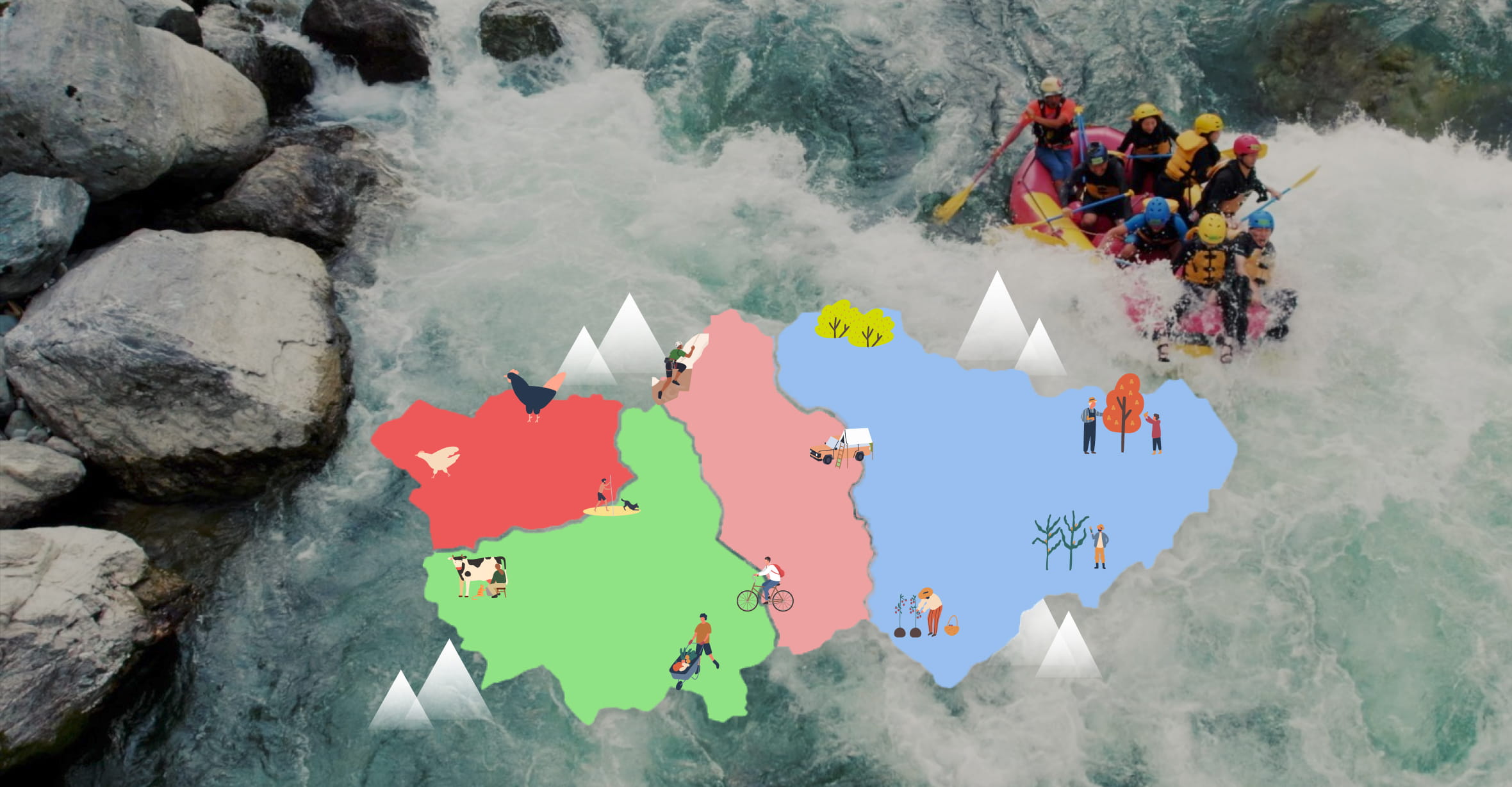 川を下るラフティングの背景に地図のイラストが描かれている